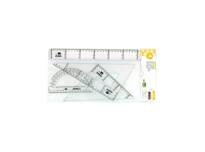 Kit de traçage LIDERPAPEL comprenant 4 pièces règle 30cm équerres 45/60 degrés 25cm rapporteur 180 degrés 15cm transparent.