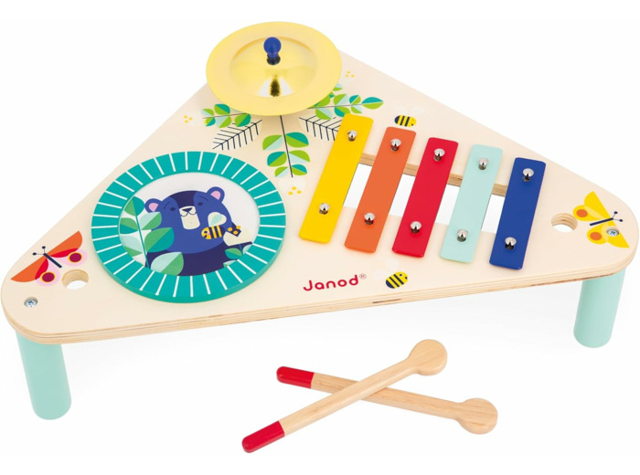 JANOD - Table Musicale en Bois Gioia - 3 Instruments de Musique Enfant - Jouet d'Imitation et d'Éveil Musical - Dès 12 Mois