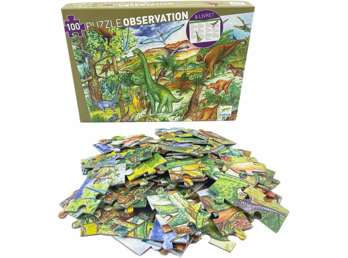 DJECO Puzzle Carton Dinosaures (100 Pièces) - Enfants dès 5 Ans DJ07424 Éducatif - Développe l'Observation, la Dextérité et la Patience - Inclut Poster et Livret - Fabriqué en France - 61 x 38 cm