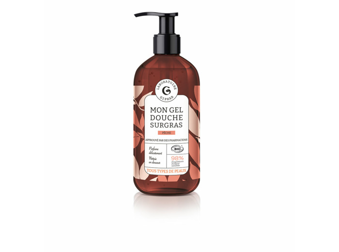 Mon gel douche surgras, parfum pêche, tous types de peaux, 98% d'ingrédients d'origine naturelle, laboratoire giphar, 1L