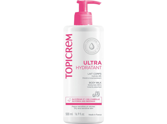 Topicrem - Ultra Hydratant Lait Corps - Hydrate 48h, Relipide, Protège la Peau - Texture Onctueuse, Odeur Délicate - Crème Hydratante pour Peaux Sensibles - Fabrication Française - 500 ml