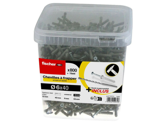 FISCHER - Chevilles à frapper Ø6x40mm + 1 forêt à percussion - 800 pièces