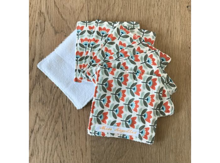 Lot de 7 lingettes lavables, en éponge de bambou, fleuris, coloris orange, vert , blanc