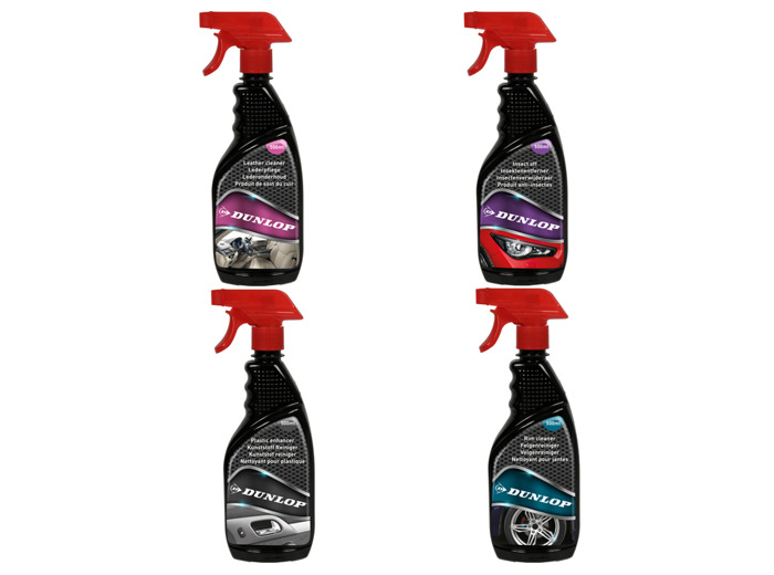 Dunlop - Lot de 4 produits d'entretien pour voiture (cuir, plastique, jantes, insectes)