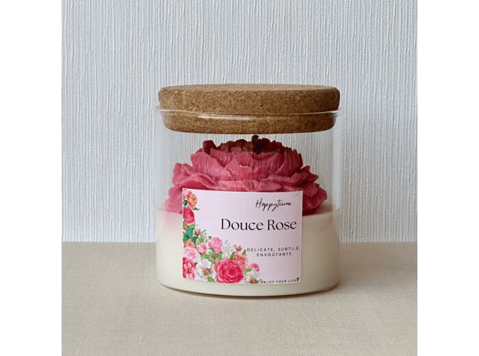 Bougie Artisanale à la Rose - Cire de Soja avec Fleur de Pivoine, Parfum de Grasse, 50h de diffusion