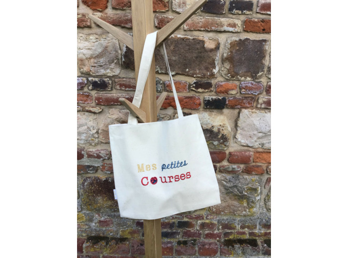Tote Bag brodé «  mes petites courses », doublé écru .