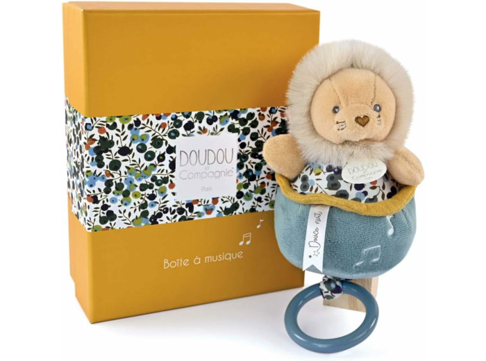 Doudou et Compagnie - Boh'aime - Boîte à Musique Lion- Jaune - 20cm - Cadeau Naissance - Jolie boîte Cadeau