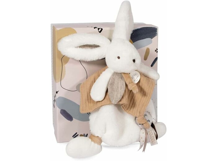 Doudou et Compagnie - Doudou Plat - Lapin Blanc et Beige - Happy Wild - Boite Cadeau - 25 Cm - Idée Cadeau Fille et Garçon - Garantie Doudou Perdu - DC3740 25 cm Doudou Beige