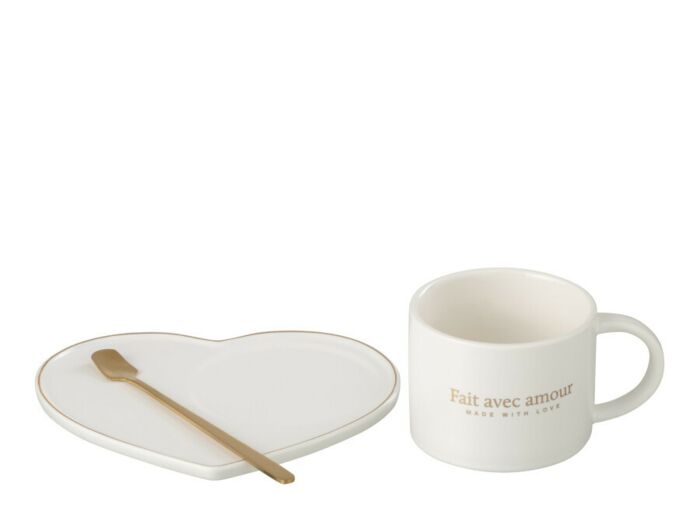 Tasse sous tasse et cuillère avec message "Fait avec amour"