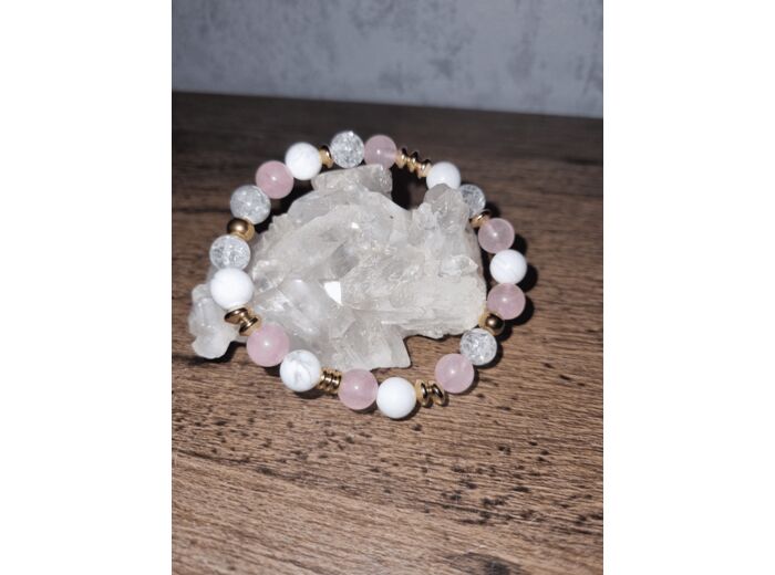 Bracelet howlite/ cristal de roche craqué/ quartz rose