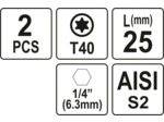 2 embouts 1/4" 25mm Torx T40 - YT-77908