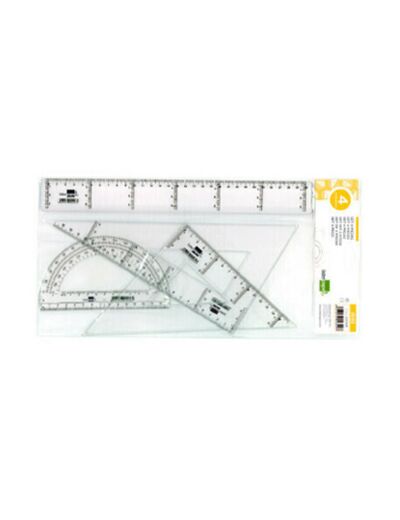 Kit de traçage LIDERPAPEL comprenant 4 pièces règle 30cm équerres 45/60 degrés 25cm rapporteur 180 degrés 15cm transparent.