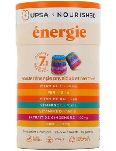 UPSA Nourished - ENERGIE - Complément alimentaire sans sucres boostant l'énergie physique et mentale - Boites de 30 Gummies (E)