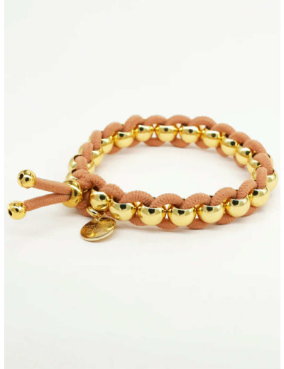 Bichou perles rondes dorées et élastique beige