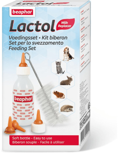 BEAPHAR – LACTOL – Pack biberon et tétines + brosse à nettoyer pour nourrir les nouveau-nés/animaux en croissance – Biberon souple & facile à utiliser – Contient 1 biberon, 6 tétines & 1 goupillon