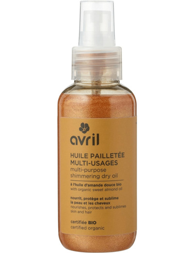 Avril - Huile Pailletée Multi-Usages Bio - Huile d'Amande Douce Bio - Peau & Cheveux - Nourrit et Protège - 97% d'Origine Naturelle - Certifié Bio Ecocert - Fabriqué en France - Spray 100ml