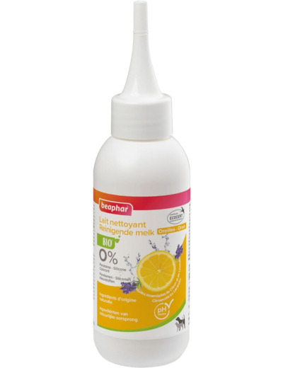 BEAPHAR – Lait Nettoyant Oreilles Éco-certifié pour chien et chat – Contient de l'Aloe Vera et des huiles essentielles de Citron et Lavandin Bio – pH neutre – Prêt à l'emploi – 100 ML