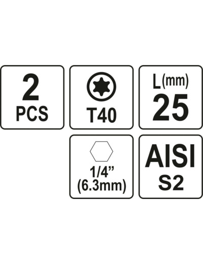 2 embouts 1/4" 25mm Torx T40 - YT-77908