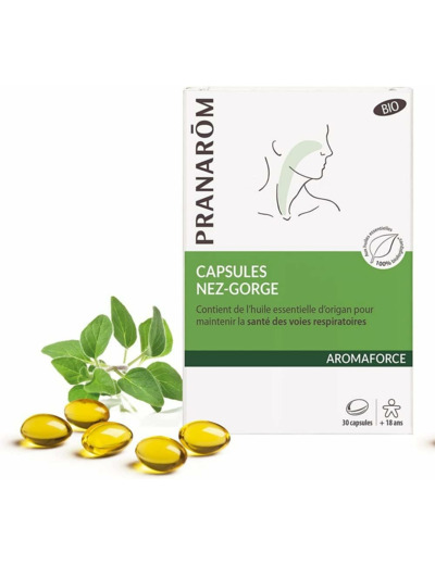 Pranarôm - Aromaforce - Capsules Nez-Gorge, Compléments Alimentaires Aux Huiles Essentielles, Origan, Maintient La Santé Des Voies Respiratoires, Citron, 100 Pour cent Bio - 30 Capsules