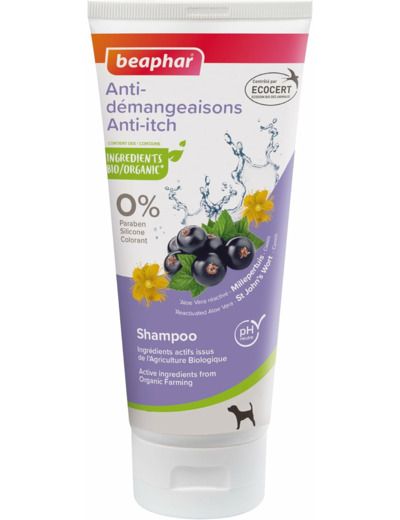 BEAPHAR – Shampoing Anti-Démangeaisons labellisé ECOCERT pour Chien – Contient de l'Aloe Vera, du Millepertuis et du Cassis Bio – pH Neutre – sans parabène/Silicone/Colorant et sans Alcool – 200 ML