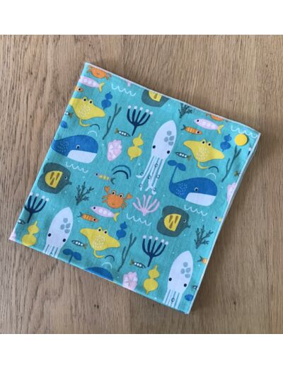 Serviette de table pour enfant.tissu poissons et crustacés, coloris vert