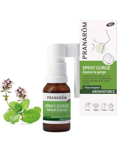 PRANARÔM - Aromaforce - Spray Gorge Action 3 En 1 - Aux Huiles Essentielles - Menthe Poivrée - Aid au soulagement de La Gorge - Vegan - 15 ml 15 ml Spray Gorge