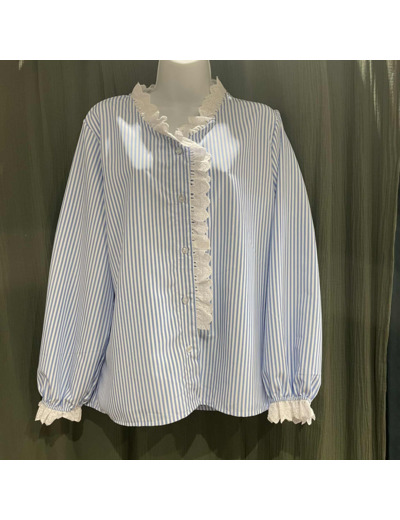 Chemisier rayé bleu & blanc – Détails dentelle – Style romantique – Taille unique