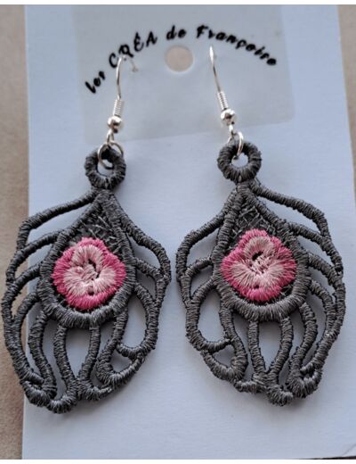 Boucle d'oreilles " Plume avec rose"