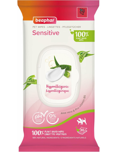 BEAPHAR – Lingettes Sensitive 100% végétales pour Chien et Chat – 98% Ingrédient naturels– Hypoallergéniques– À l'Aloe Vera et à la Pro-Vitamine B5– 0% parabène/alcool/parfum– pH neutre – 30 Lingettes