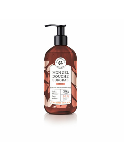 Mon gel douche surgras, parfum pêche, tous types de peaux, 98% d'ingrédients d'origine naturelle, laboratoire giphar, 1L