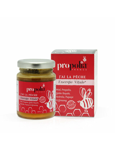 Energie vitale : Miel, propolis, gelée-royale, ginseng, papaye,  En pot de 120 g.