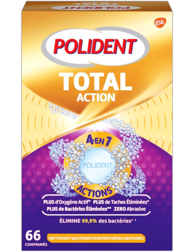 Polident Nettoyant Total Action, Pour Prothèses Dentaires Partielles ou Complètes, Réduit La Formation de Plaque, 66 Comprimés 66 Unités (Lot de 1)