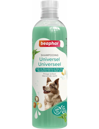 BEAPHAR – Shampooing Essentiel Universel pour Chien – Extra-Doux – Pelage brillant – Contient de l'Huile de Macadamia et de l'Aloe Vera – Sans parabène ni silicone – pH neutre – Produit Vegan – 250 ML