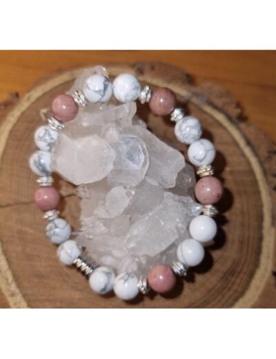 bracelet howlite, rodochrosite, fait main, perle de 6 mm