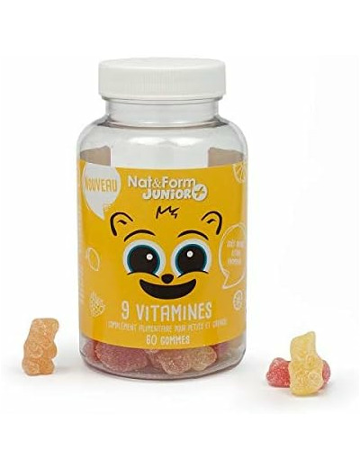 Nat et form junior plus, 9 vitamines, goûts orange/citron/framboise, sans gélatine animale, 60 gommes