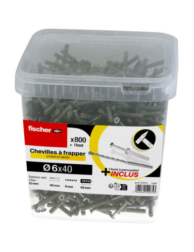 FISCHER - Chevilles à frapper Ø6x40mm + 1 forêt à percussion - 800 pièces