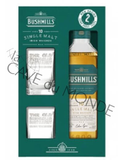 Whisky Irish Bushmills Single Malt 10 ans  Coffret 2 verres 40° 70cl
