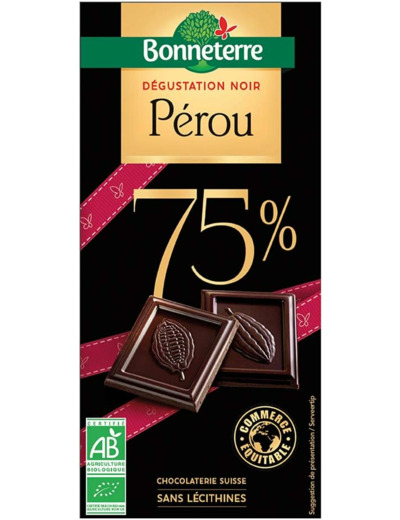 BONNETERRE Chocolat noir dégustation 75% Pérou 100G Bio