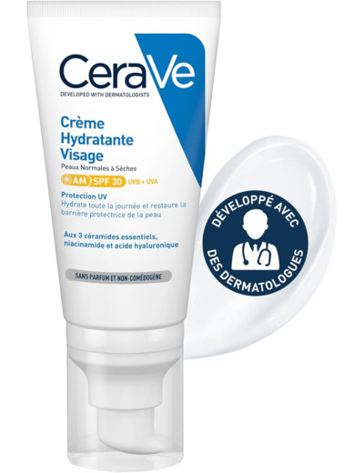 Crème hydratante Visage SPF30, peux normales à sèches, sans parfum et non-comédogène, 52ml, CeraVe