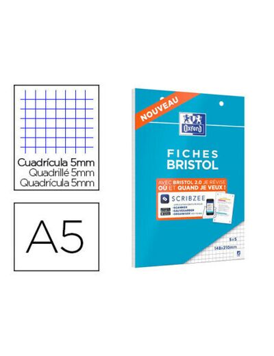 Cahier de 30 fiches bristol A5 OXFORD 14,8 cm x 21cm carreaux 5x5mm .