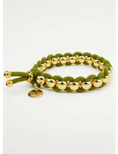 Bichou perles rondes dorées et élastique vert olive