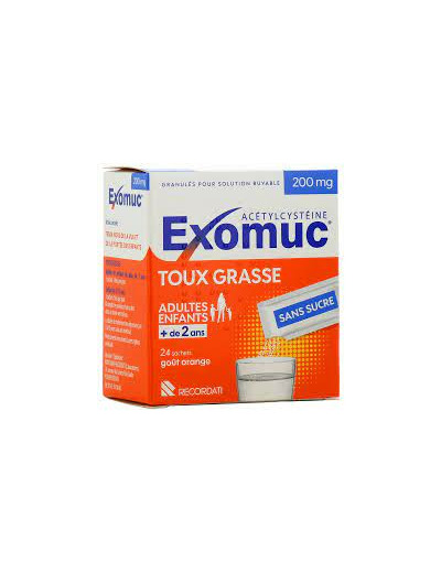 EXOMUC, granulés pour solution buvable, toux GRASSE, 200mg, adultes et enfants plus de 2 ans, goût orange, 24 sachets