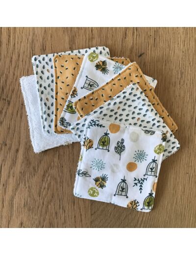 Lot de 7 lingettes lavables en éponge de bambou, coloris vert, blanc, moutarde.