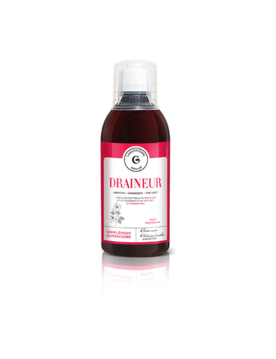 Draineur, complément alimentaire, goût framboise, sans sucre, solution buvable concentrée, 500ml, laboratoire Giphar