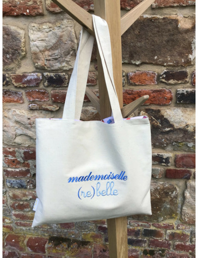 Tote Bag , brodé Mademoiselle (re) belle , doublé coton , motif oiseaux et bobines