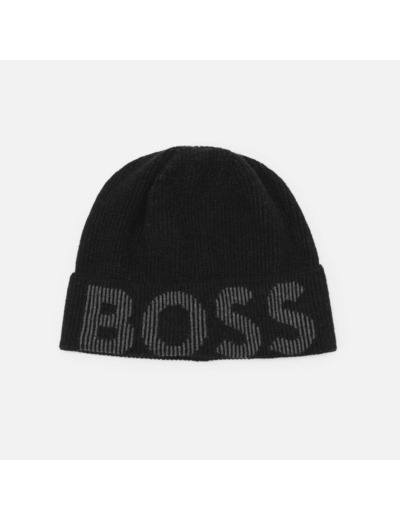 Bonnet à revers logo BOSS noir en laine