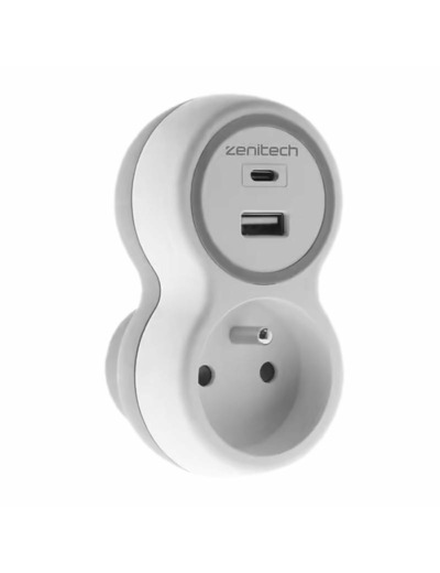 Prise 16A + chargeur USB-A + USB-C blanc/gris 2.4a