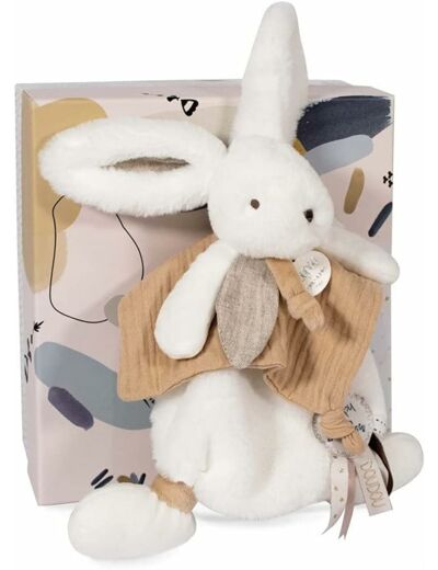 Doudou et Compagnie - Doudou Plat - Lapin Blanc et Beige - Happy Wild - Boite Cadeau - 25 Cm - Idée Cadeau Fille et Garçon - Garantie Doudou Perdu - DC3740 25 cm Doudou Beige