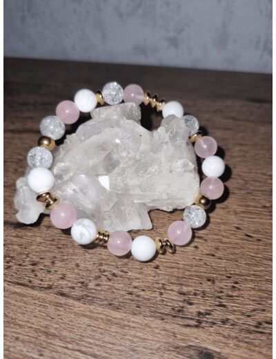 Bracelet howlite/ cristal de roche craqué/ quartz rose