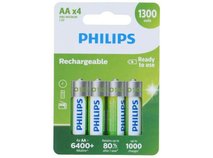 4 piles AA rechargeables Philips 1300 mAh